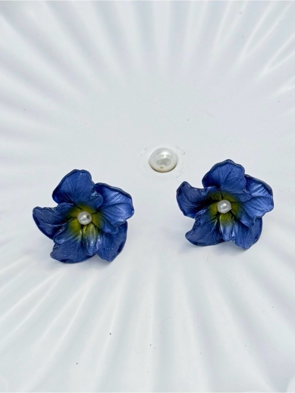 Navy Floral Stud Earrings - Picture 3 of 5